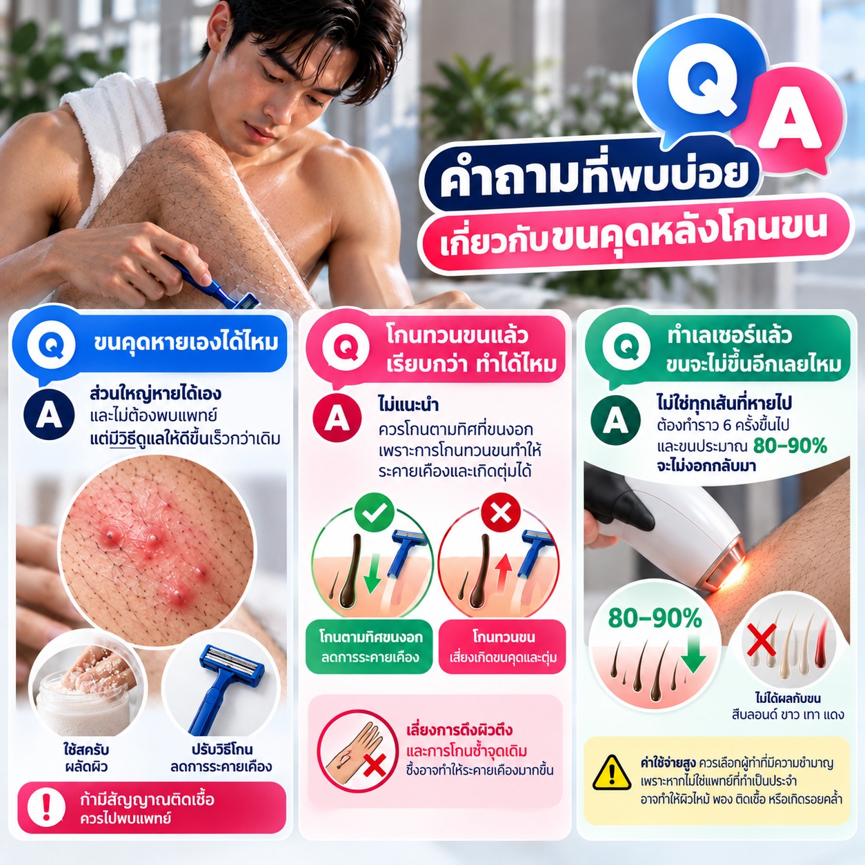 ภาพคำถามที่พบบ่อยเกี่ยวกับขนคุดหลังโกนขน อธิบายว่าขนคุดหายเองได้หรือไม่ การโกนตามแนวขนเพื่อลดการระคายเคือง และผลของการกำจัดขนด้วยเลเซอร์7