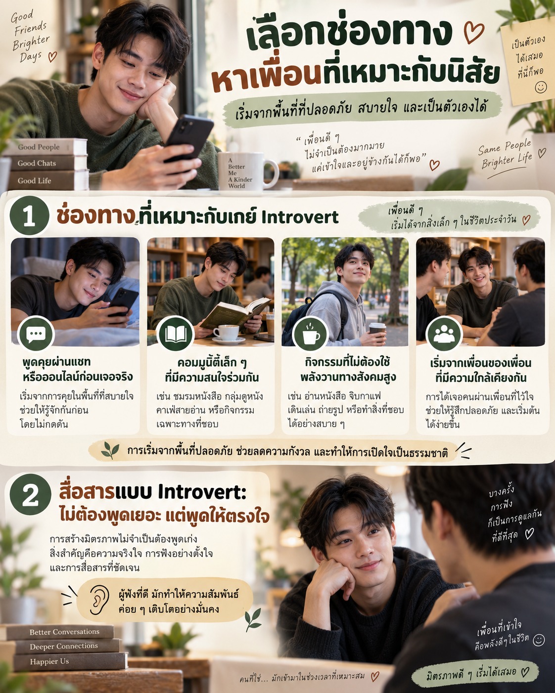 แสดงช่องทางหาเพื่อนที่เหมาะกับเกย์ Introvert เช่น แชทออนไลน์ คอมมูนิตี้เล็ก ๆ และกิจกรรมสบาย ๆ พร้อมภาพประกอบที่ดูอบอุ่นและเข้าใจง่าย