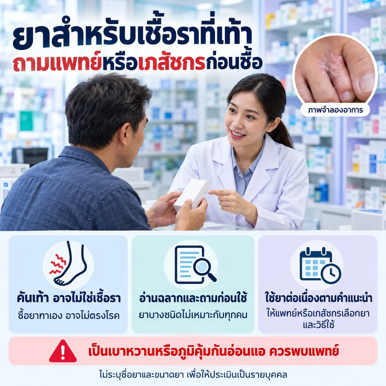 ภาพผู้ชายปรึกษาเภสัชกรเรื่องยารักษาเชื้อราที่เท้า พร้อมคำแนะนำให้อ่านฉลาก ใช้ยาตามคำแนะนำ และพบแพทย์หากเป็นเบาหวานหรือภูมิคุ้มกันอ่อนแอ